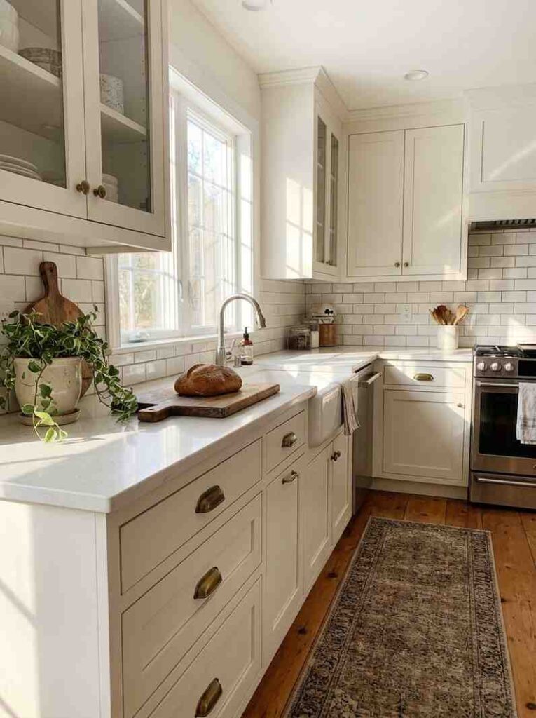 A bright cozy kitchen with Shaker cabinets painted in Sherwin-Williams Alabaster SW 7008,