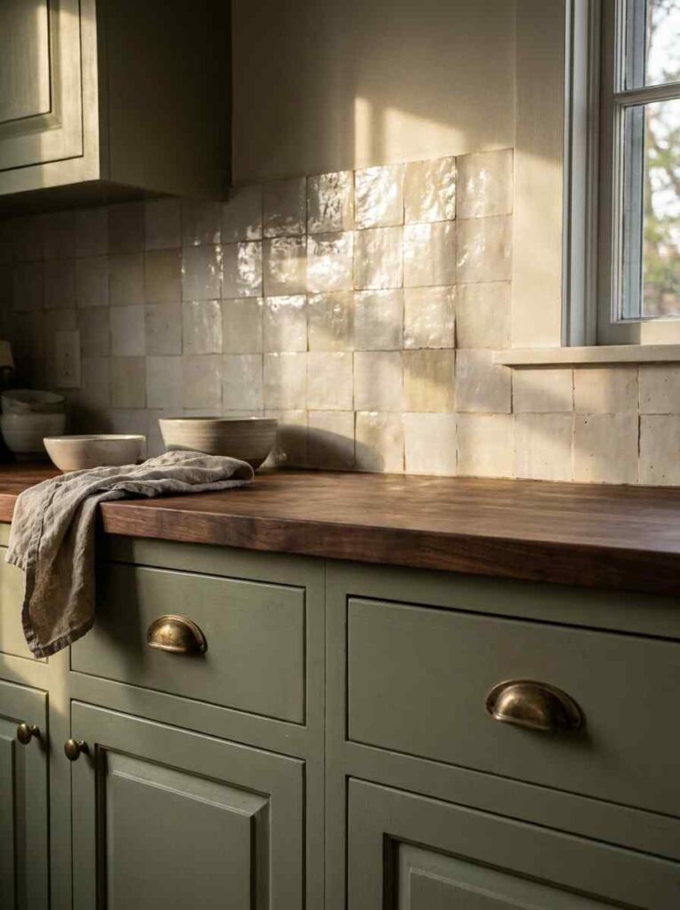 A close-up kitchen backsplash of authentic white zellige tiles with irregular glaze catching warm afternoon light