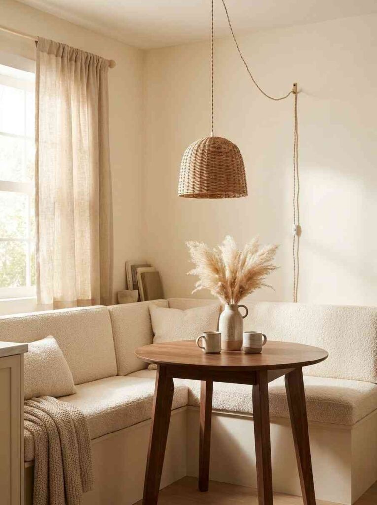 A cozy built-in kitchen breakfast nook with a cream boucle cushioned L-shaped bench,