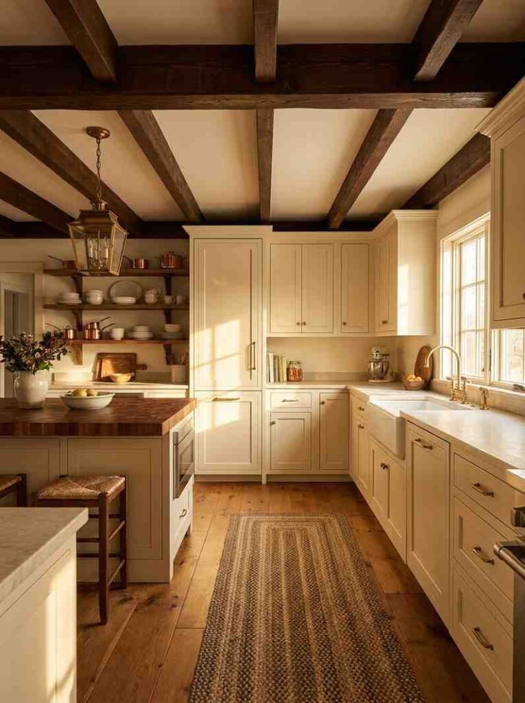 A cozy country kitchen with warm walnut-stained exposed ceiling beams above cream-white Shaker cabinets