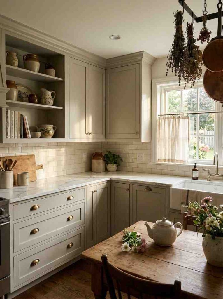  A cozy cottage kitchen with Shaker-style cabinets painted in Benjamin Moore Revere Pewter warm greige,