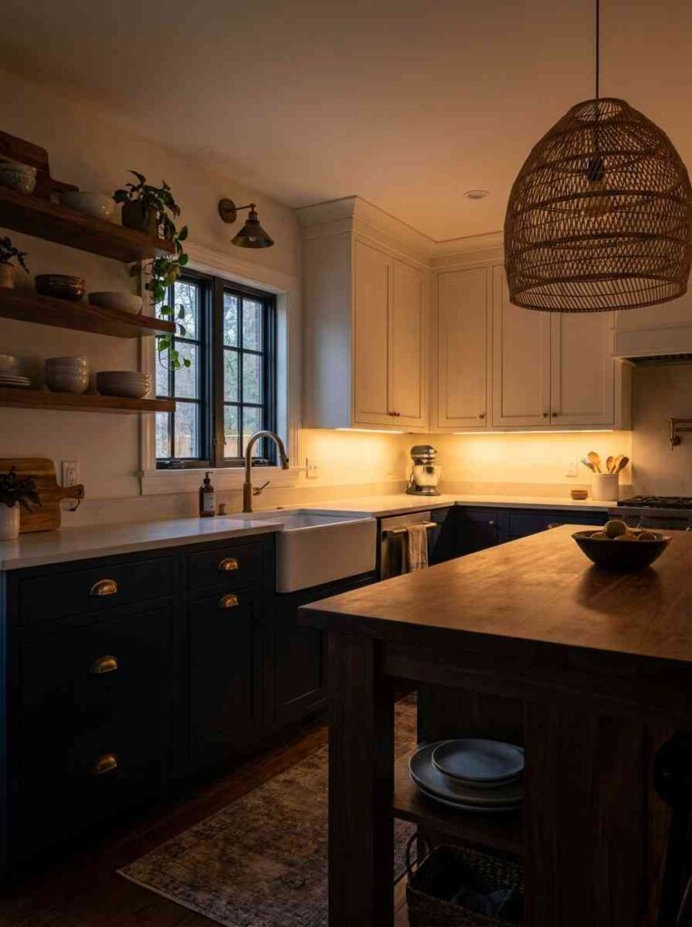  A dramatic cozy kitchen with lower cabinets in Sherwin-Williams Naval deep navy,