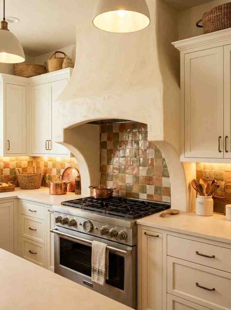 A kitchen focal point with a large arched plaster-textured range hood in warm cream finish