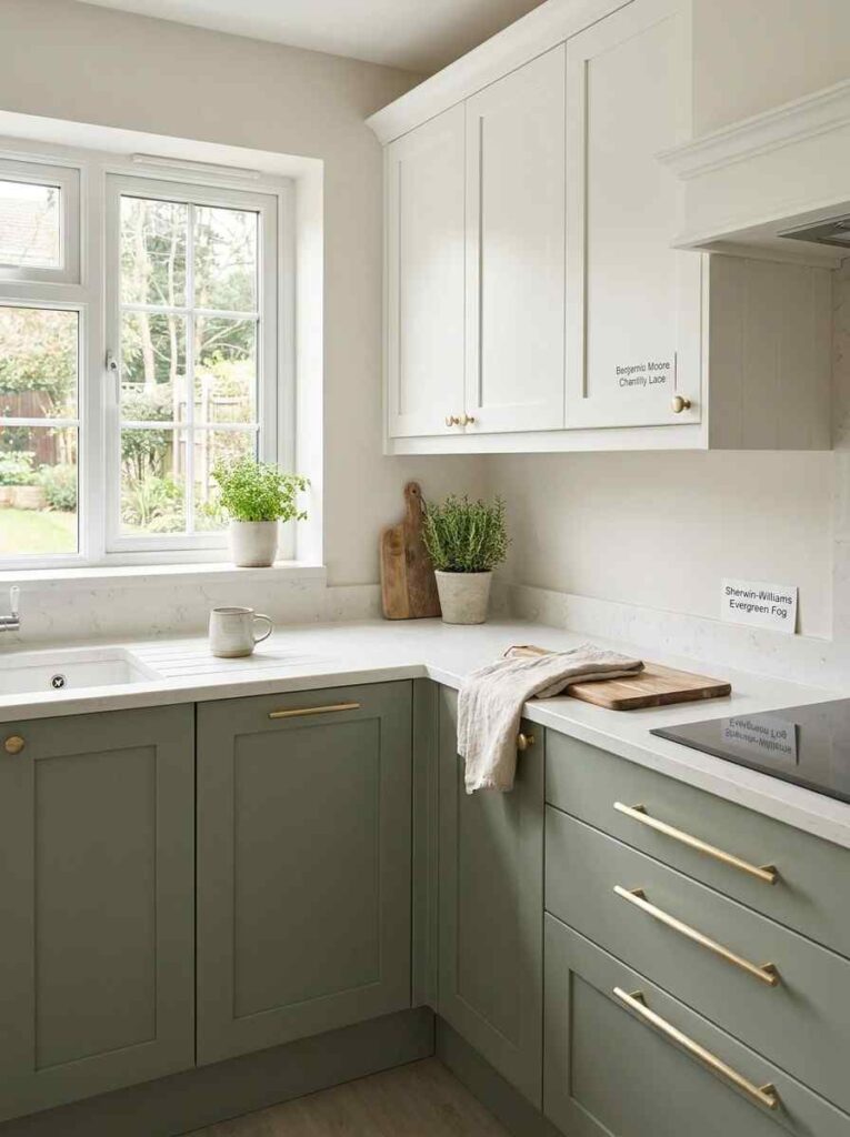 A modern cozy kitchen with two-tone cabinetry