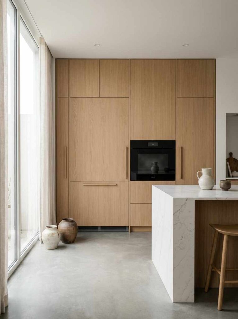  A modern kitchen with a continuous floor-to-ceiling cabinet wall in warm white oak veneer