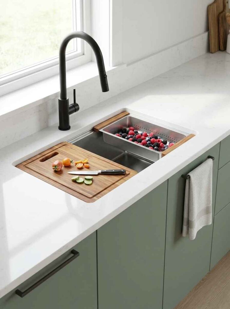 A modern kitchen workstation sink with a deep stainless steel basin,