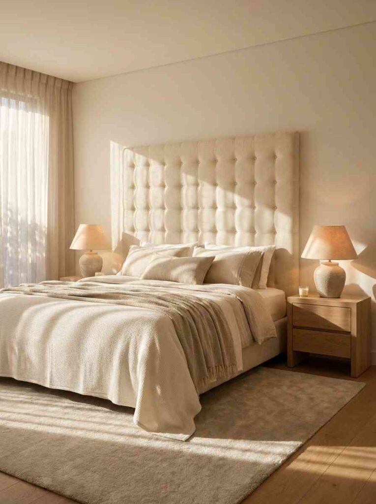 A neutral master bedroom featuring a tall floor-to-ceiling upholstered headboard in warm cream linen fabric