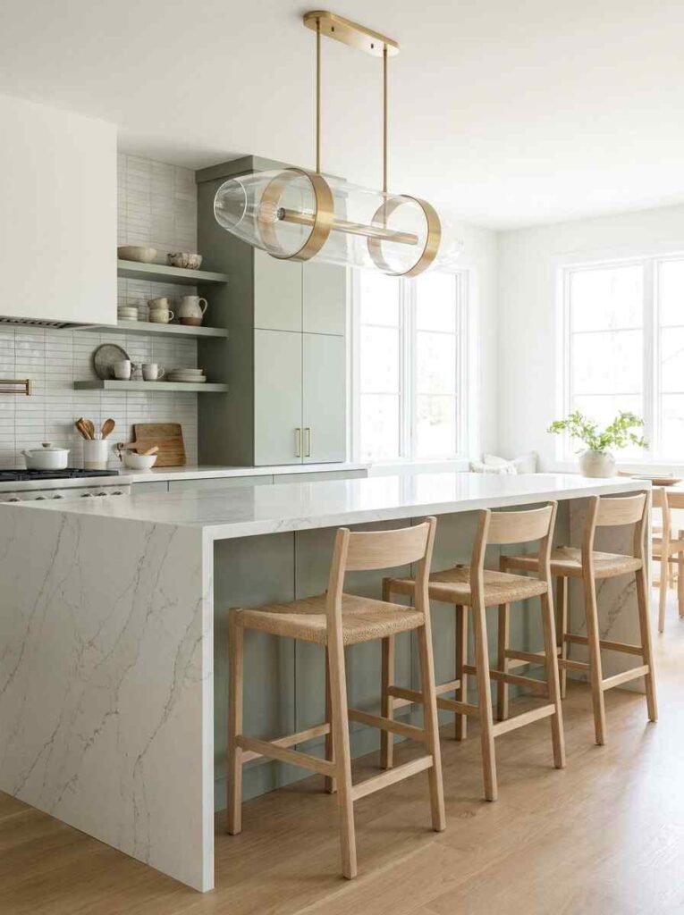 A stunning kitchen island with a white Calacatta quartz waterfall countertop cascading down both sides to the floor