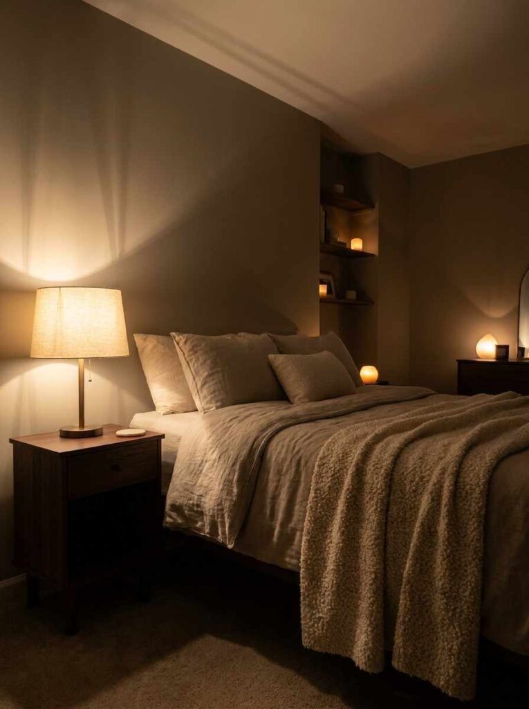A warm neutral bedroom at night lit entirely by 2700K warm white bulbs