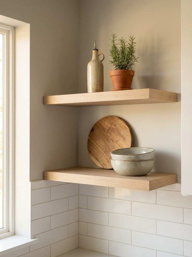 Open floating white oak kitchen shelves against a warm Agreeable Gray wall, styled with a ceramic olive oil bottle,