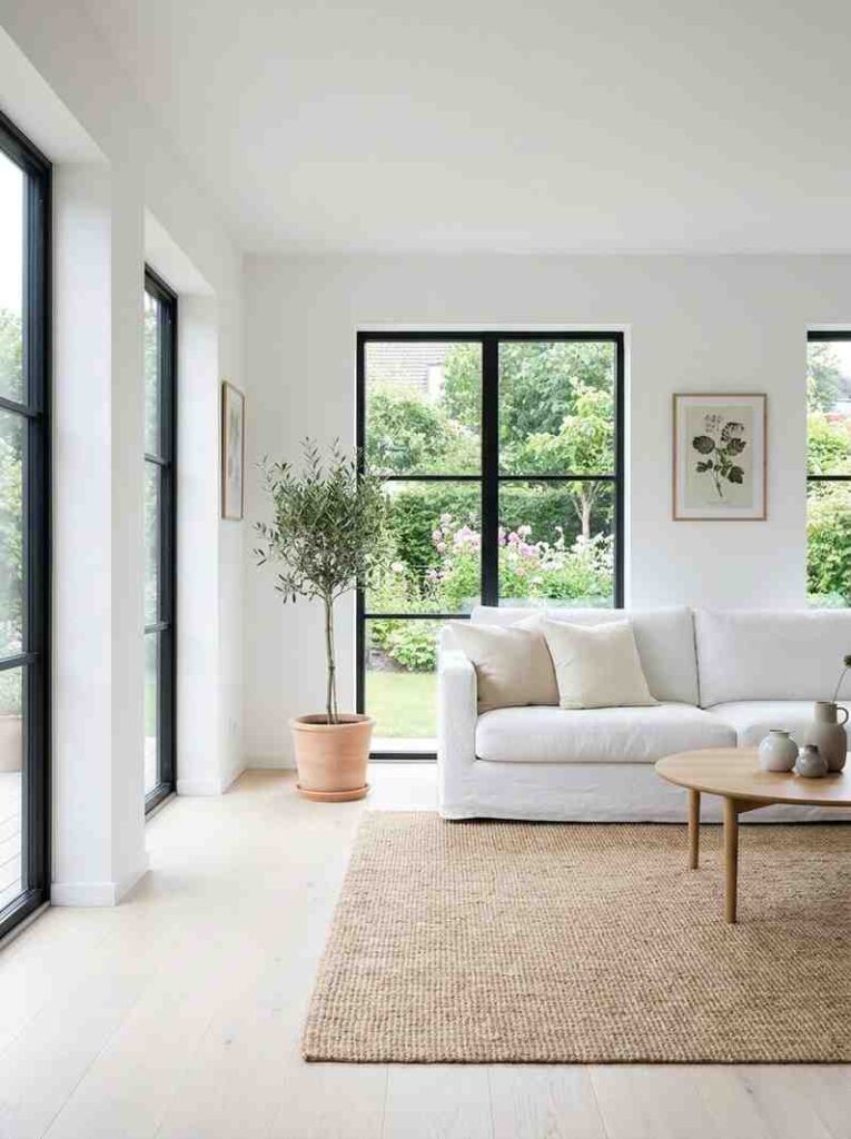 Bright white living room with large black framed windows showing a garden view,