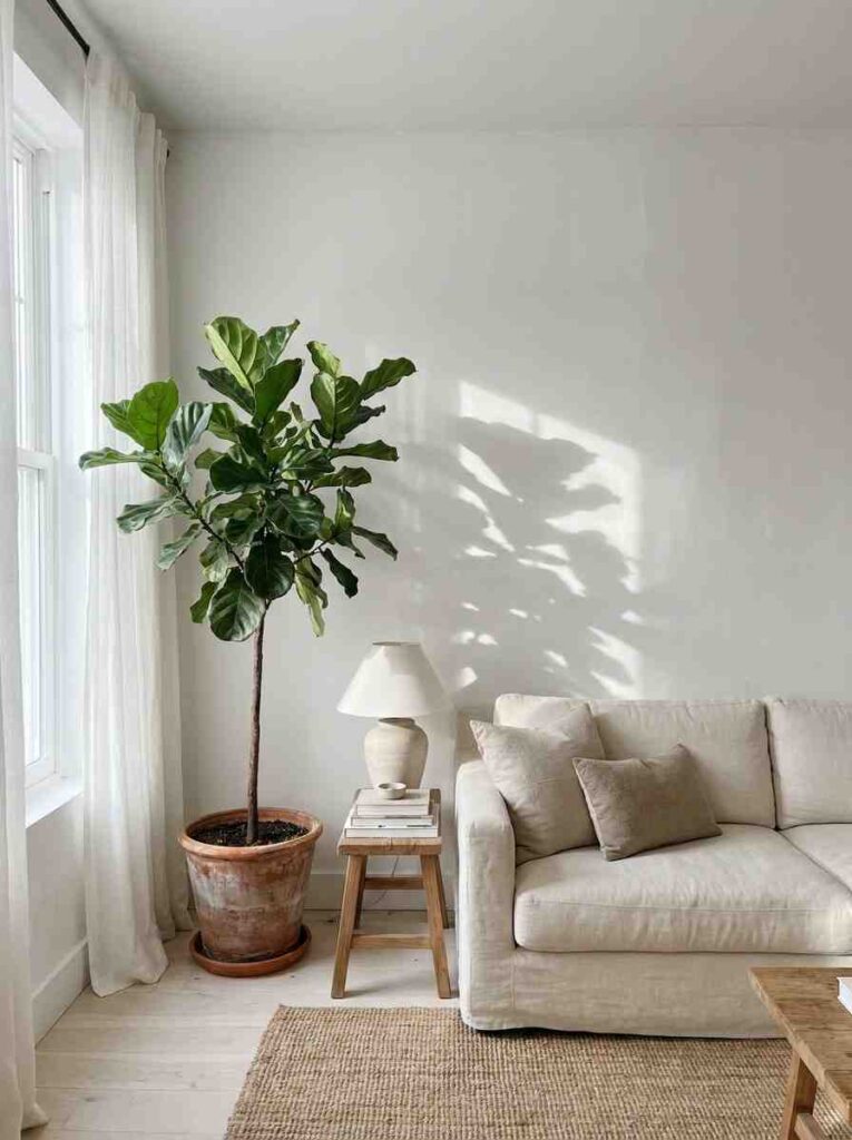 Bright white living room corner with a tall fiddle leaf fig plant in a simple terracotta pot, white sofa nearby, 