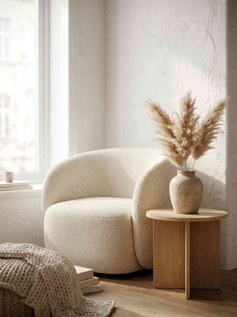 Cozy white living room corner featuring a curved cream bouclé armchair,