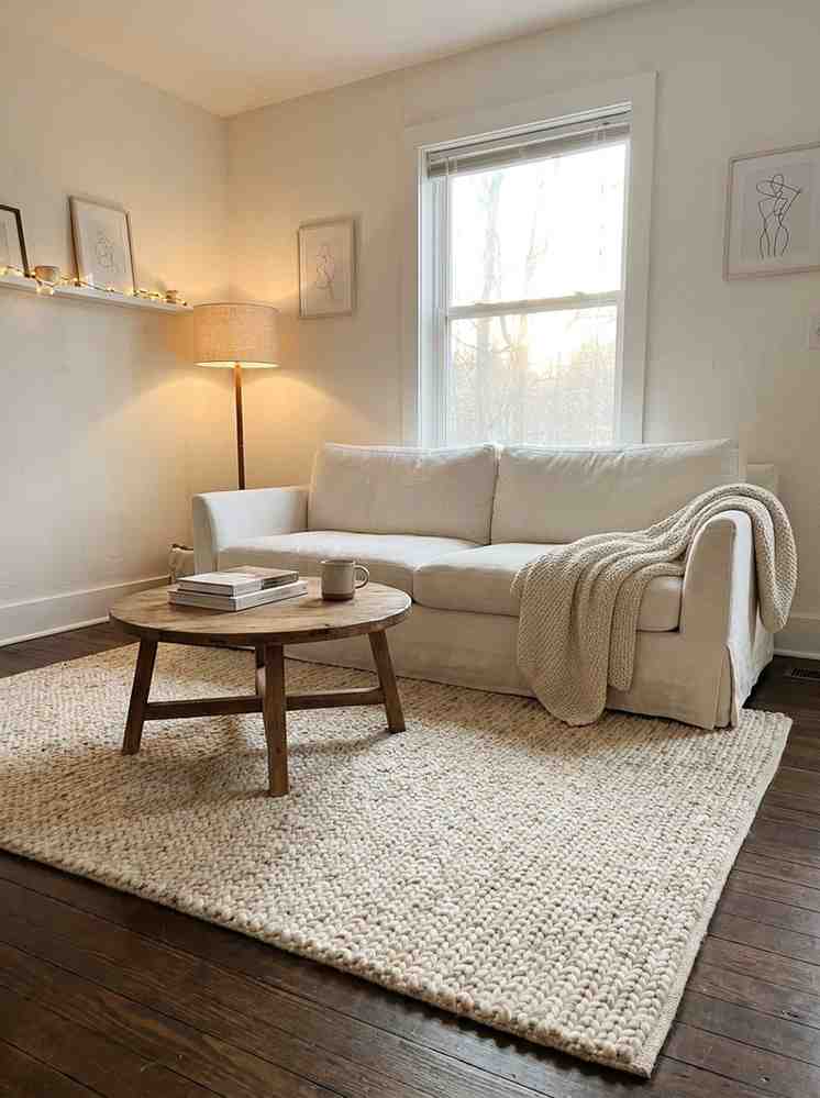 Cozy white living room with a thick chunky wool area rug in natural cream tone under a white sofa