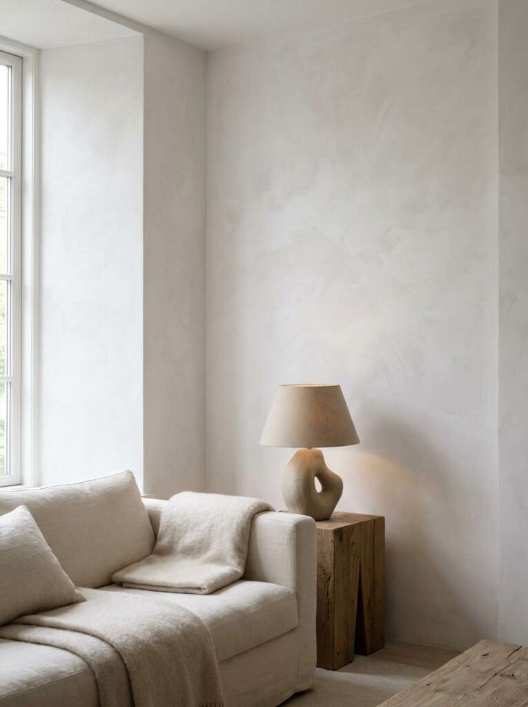 Elegant living room with limewash textured white walls showing subtle cloudy variation,