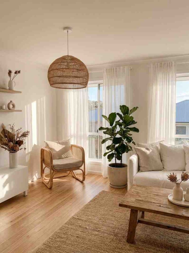  Light filled white living room with a natural rattan accent chair, woven rattan pendant light fixture overhead, 