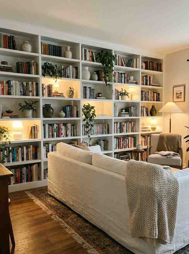 Living room with floor to ceiling white built-in bookshelves covering an entire wall
