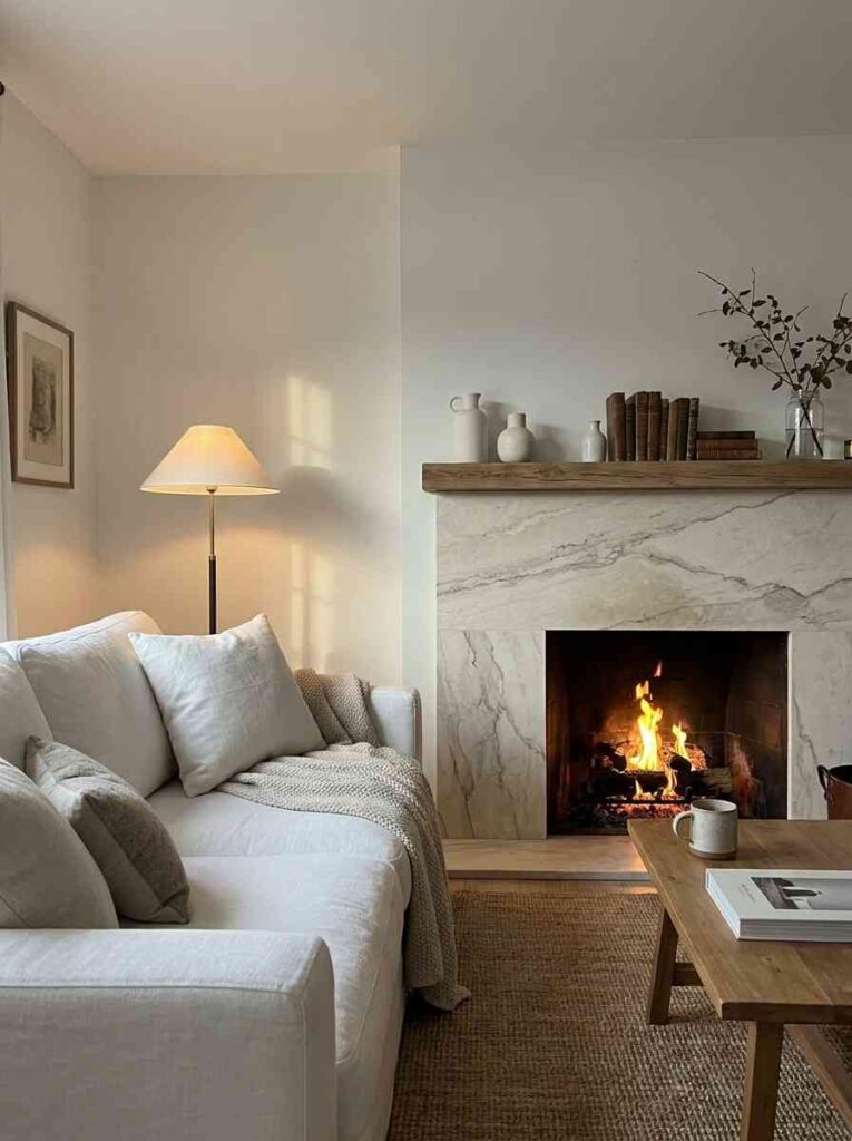 Living room with a white painted wall and a honed limestone fireplace surround