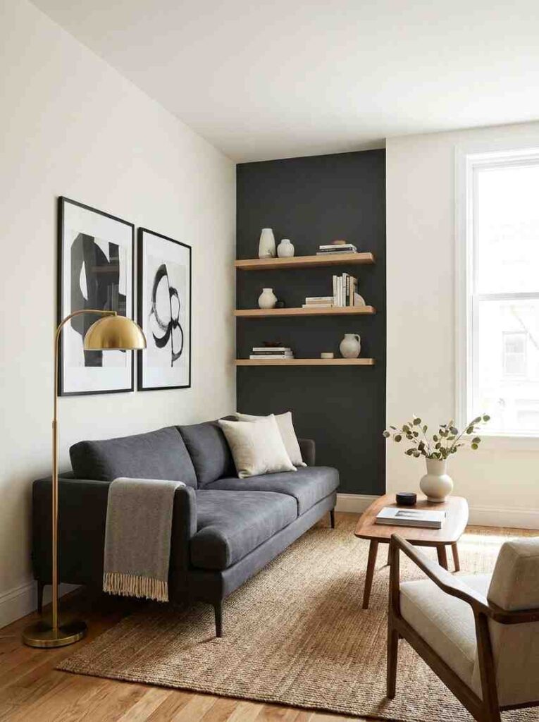  Modern living room with three white walls in soft warm white