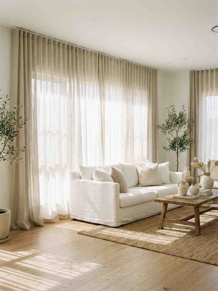 White living room with floor length oatmeal linen curtains hung high near the ceiling, white sofa,