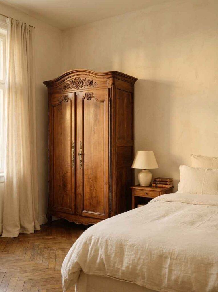 A beautiful antique freestanding walnut wardrobe against a plaster wall in a warm master bedroom