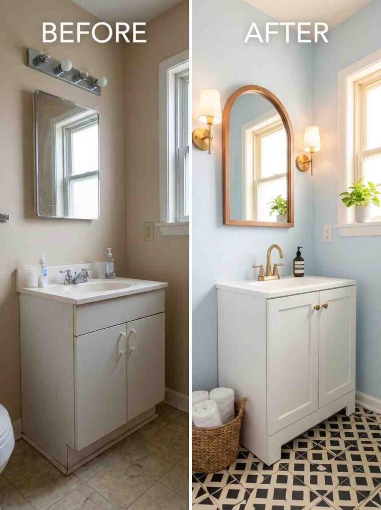 20 Bathroom Ideas 2026 A small bathroom before-and-after style interior photo showing a freshly refreshed space on a budget.
