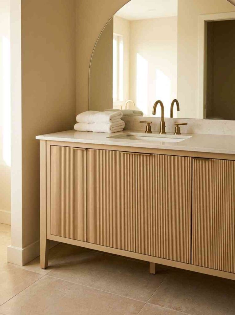 20 Bathroom Ideas 2026 A bathroom vanity in a warm sandy beige tone with subtle fluted wood detailing on the cabinet doors