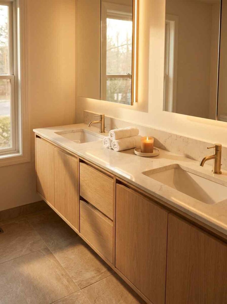 20 Bathroom Ideas 2026 A beautiful bathroom vanity with a warm light oak wood-faced cabinet front, soft-close drawers, and a pale quartz stone countertop.
