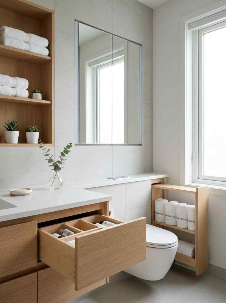 20 Bathroom Ideas 2026 An organized, clutter-free modern bathroom showing smart built-in storage solutions.