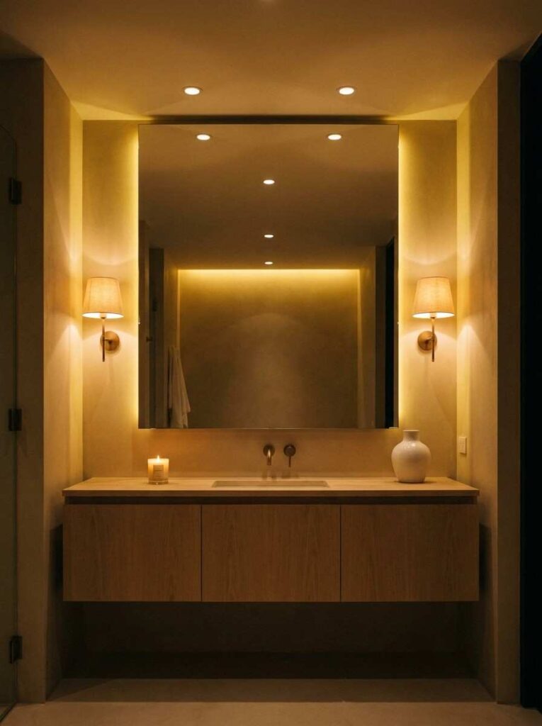 20 Bathroom Ideas 2026 A beautifully lit bathroom showcasing layered lighting design.
