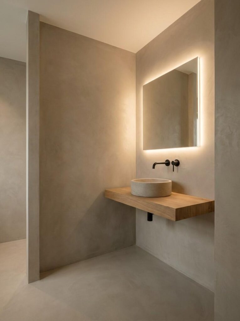 20 Bathroom Ideas 2026 A bathroom with floor-to-ceiling microcement walls in a warm greige tone, fully grout-free with no visible lines.