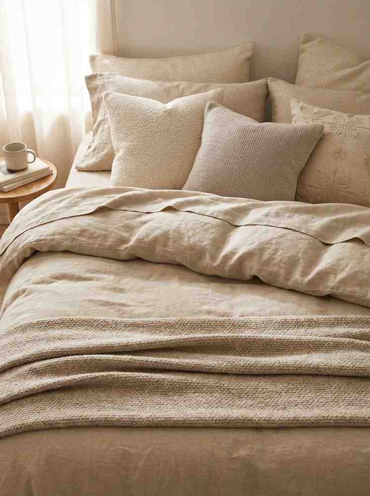  A close-up styled flat lay of a neutral bedroom bed with stonewashed French flax linen