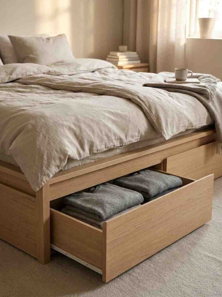 21 Small Bedroom Ideas 2026 Low platform bed with built-in drawers in a small bedroom layout
