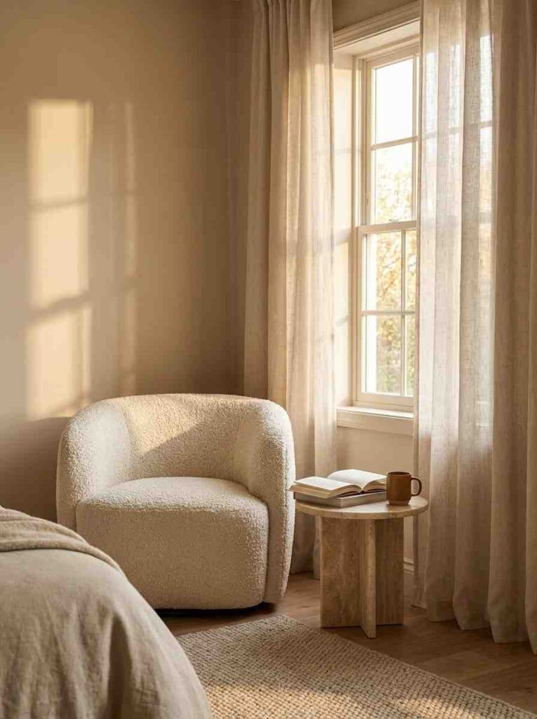 A styled neutral bedroom corner featuring a chunky cream boucle accent chair beside a tall linen window with sheer curtains,