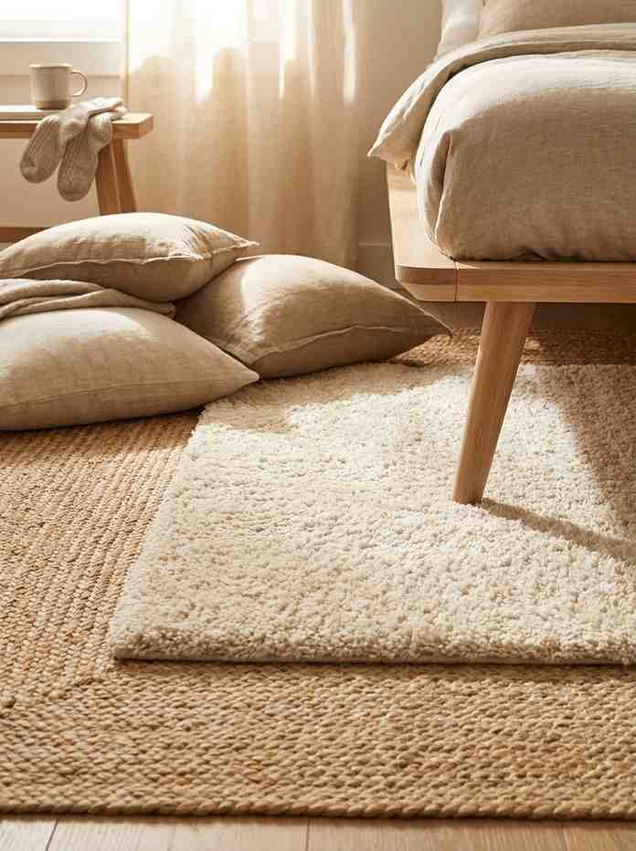  A cozy neutral bedroom floor shot showing a layered rug setup 