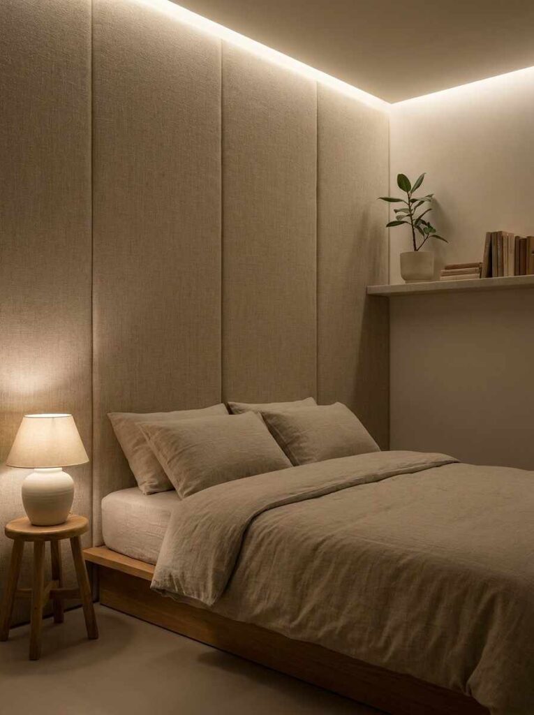 21 Small Bedroom Ideas 2026 Upholstered acoustic panel behind a small bedroom headboard