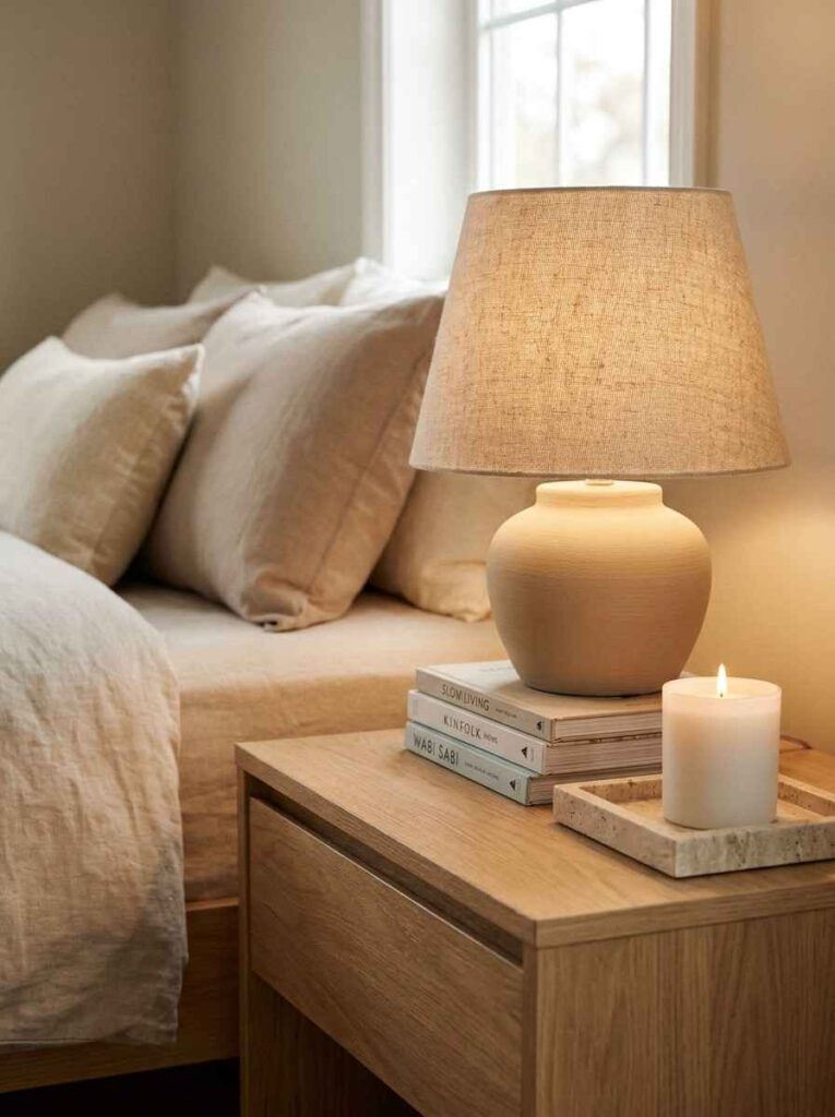  A close-up of a styled neutral bedroom nightstand in natural oak wood, a single warm ceramic lamp with a linen shade, 