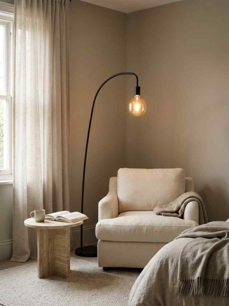 A cozy neutral bedroom reading corner with a cream linen armchair