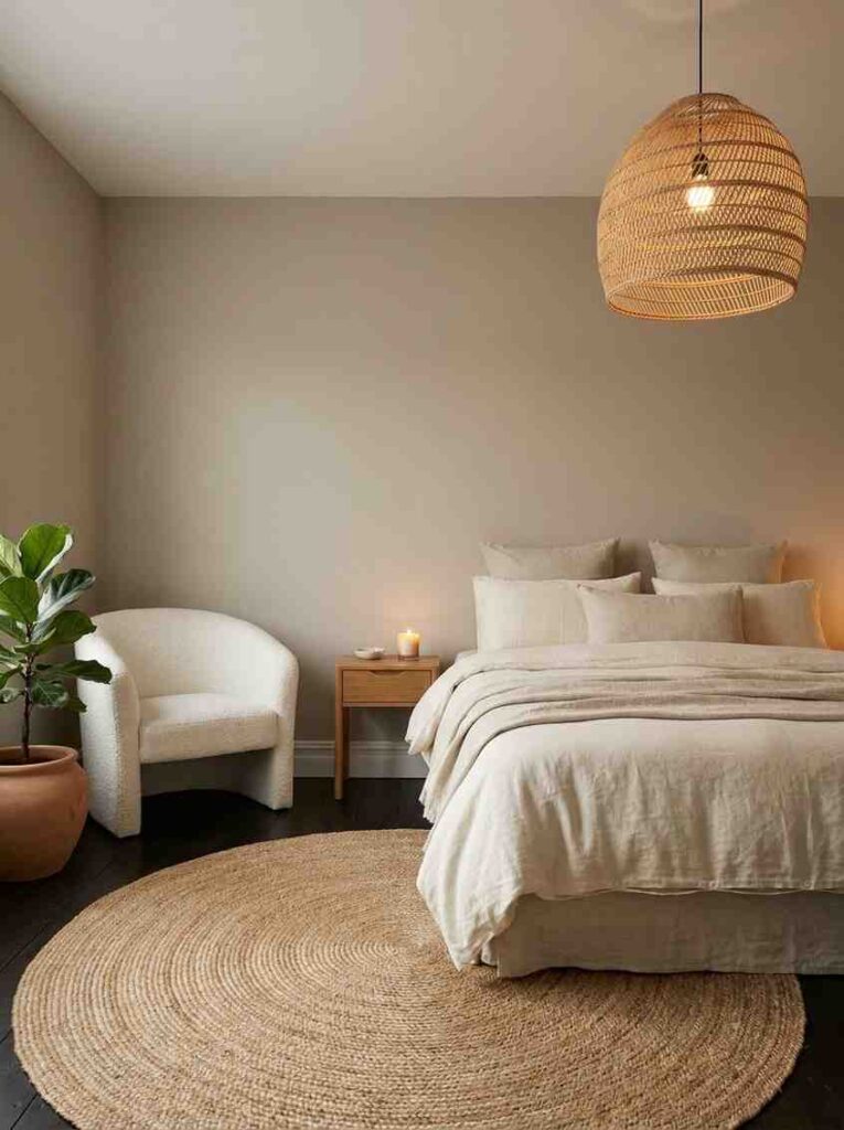 A beautiful full bedroom scene showing the complete neutral bedroom aesthetic