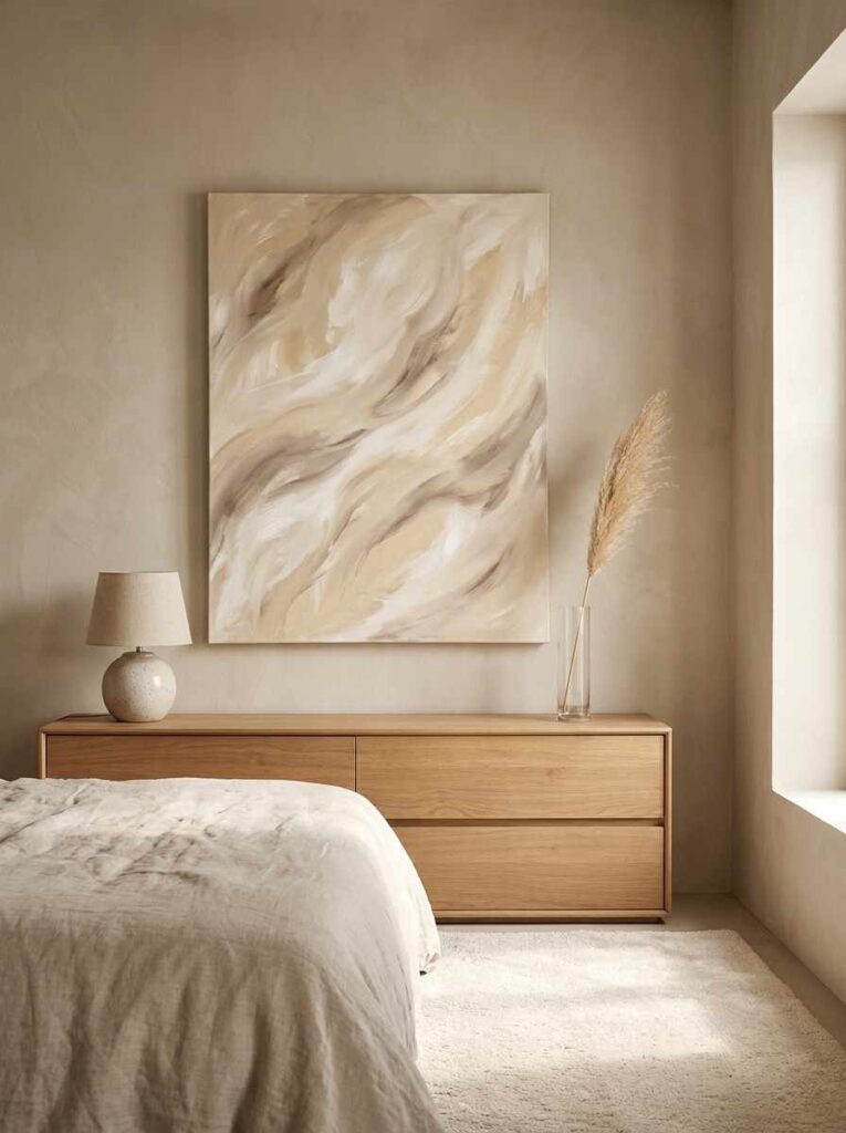 A neutral bedroom wall featuring one large vertical abstract canvas artwork in warm cream,