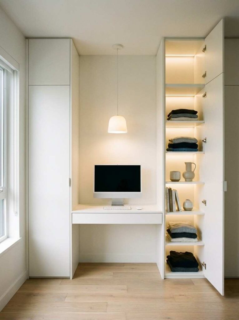 A wall-to-wall bedroom wardrobe with a floating desk built between two tall towers. 