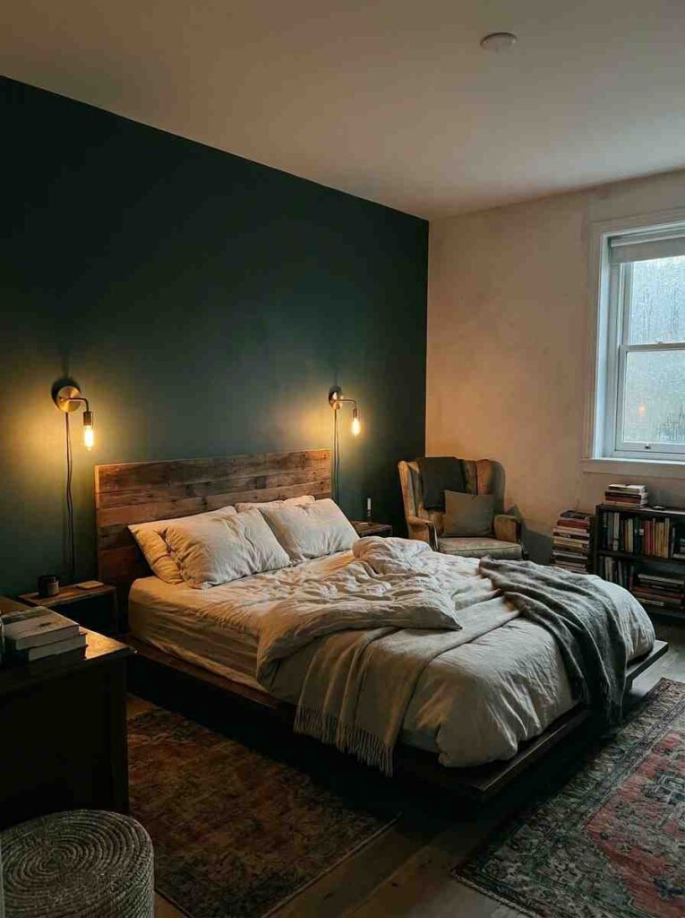 21 Small Bedroom Ideas 2026 Behr Hidden Gem jade green accent wall in a small moody bedroom