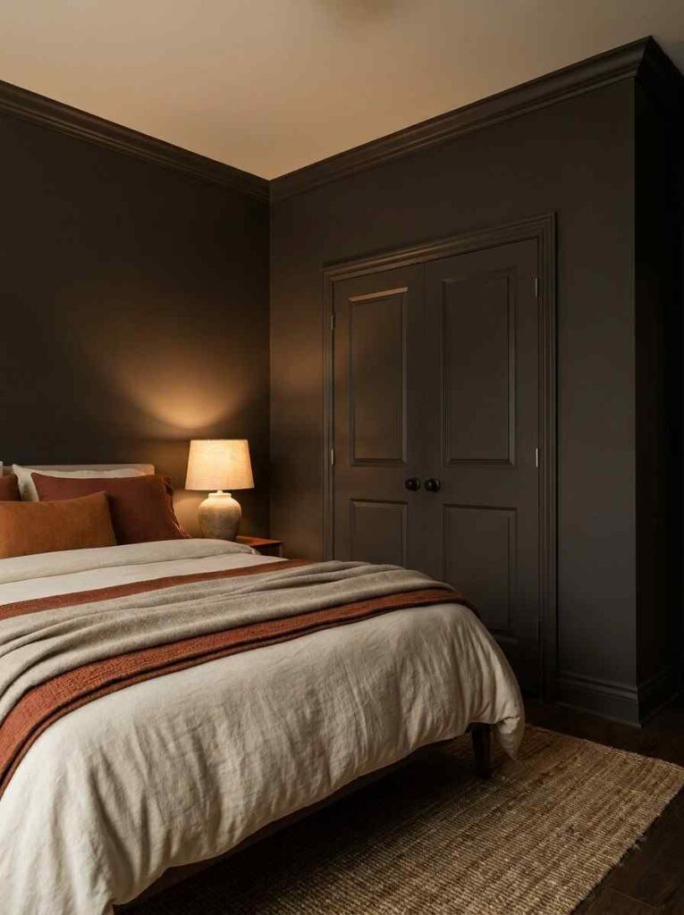 21 Small Bedroom Ideas 2026 Color-drenched charcoal wall and trim in a small bedroom