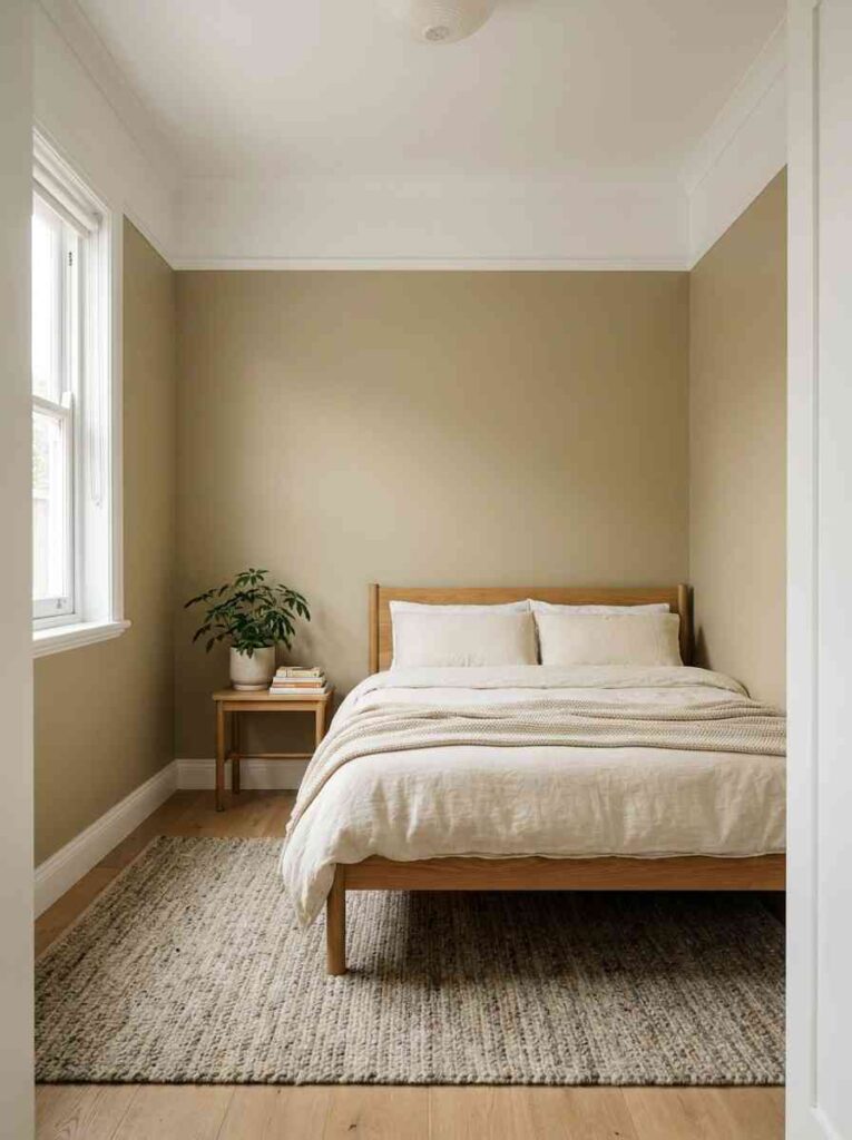 21 Small Bedroom Ideas 2026 Small bedroom wall painted Sherwin-Williams Universal Khaki SW 6150