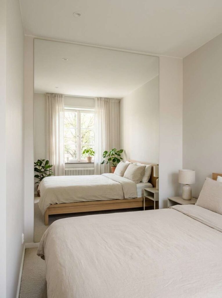 21 Small Bedroom Ideas 2026 Frameless mirror panel reflecting light in a small bedroom