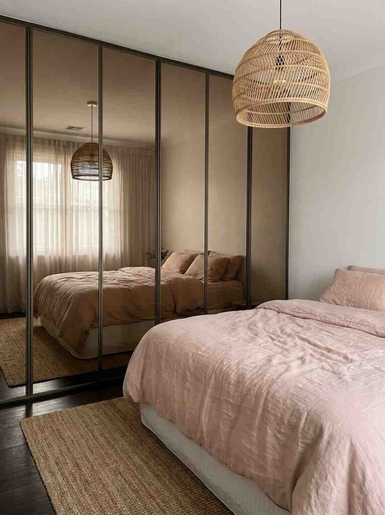 A small master bedroom with a full-wall mirrored wardrobe, floor-to-ceiling. 