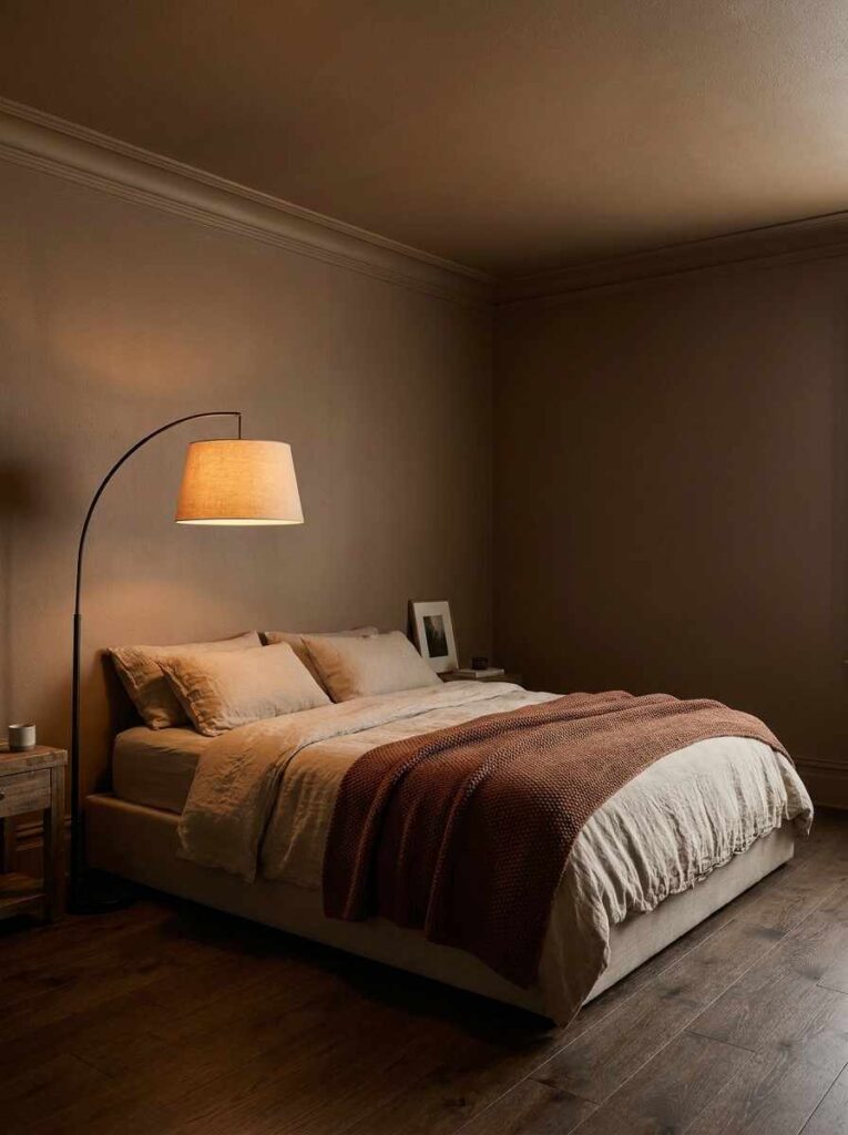 A moody neutral bedroom where all walls, ceiling, and trim are painted the same warm taupe-brown tone in Little Greene Taupe style,