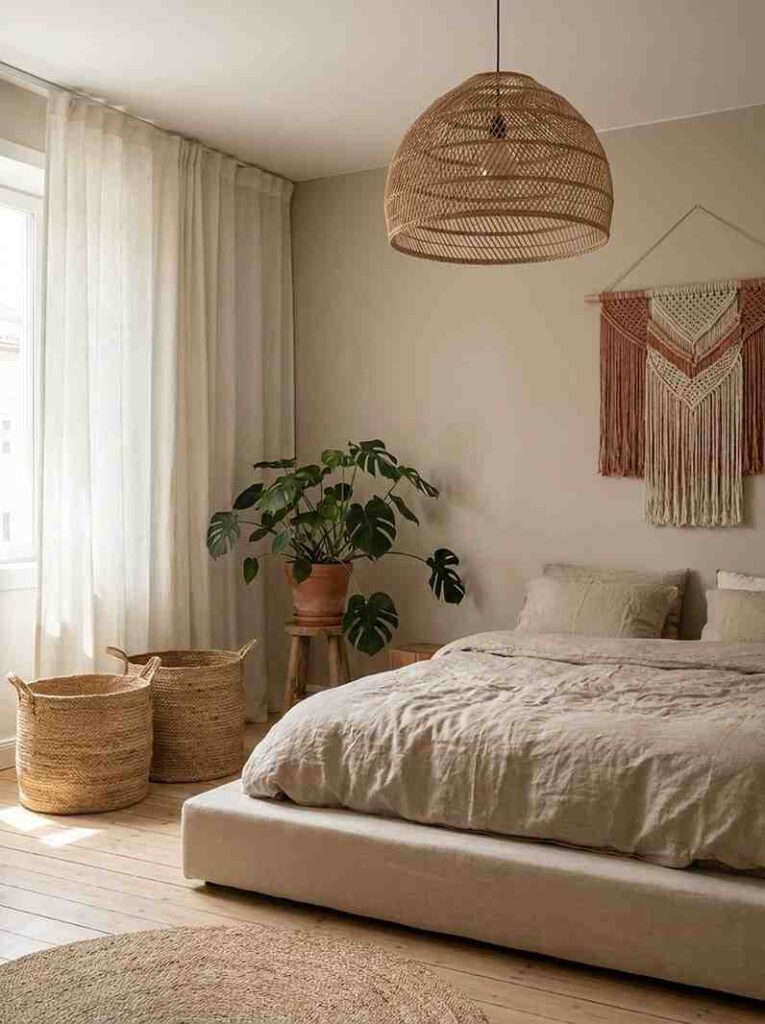 A neutral bohemian-minimal bedroom with a rattan pendant light hanging above a low linen bed,