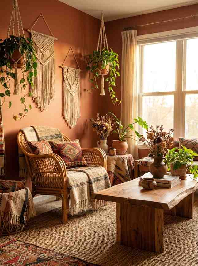 22 Living Room Ideas 2026 Boho earthy living room with rattan and terracotta