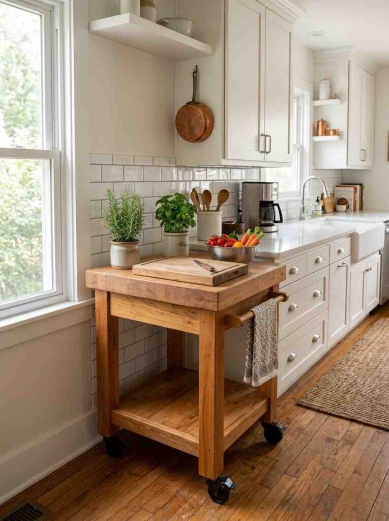  A small white kitchen with a freestanding rolling butcher block kitchen cart in natural warm wood finish,